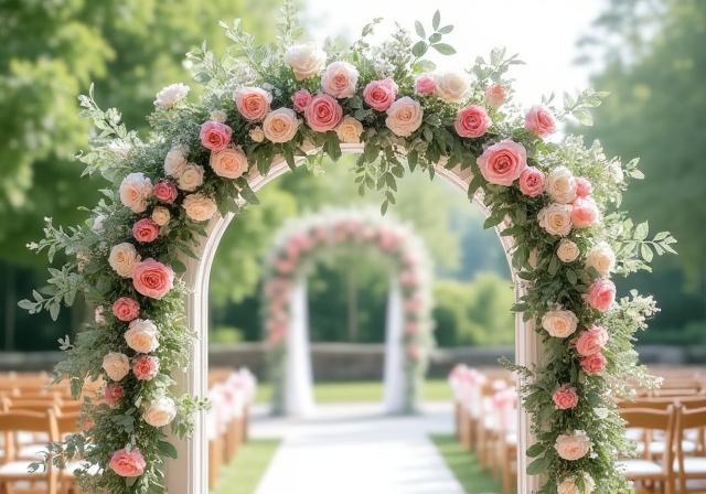 Arco nuziale ricoperto di rose rosa e bianche ed eucalipto.