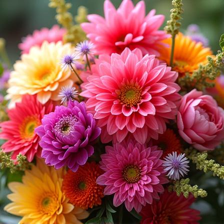 Un bouquet lussureggiante con dalie, peonie e fiori di campo.