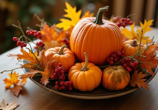 Centrotavola autunnale con zucche, bacche e fogliame dai colori caldi.