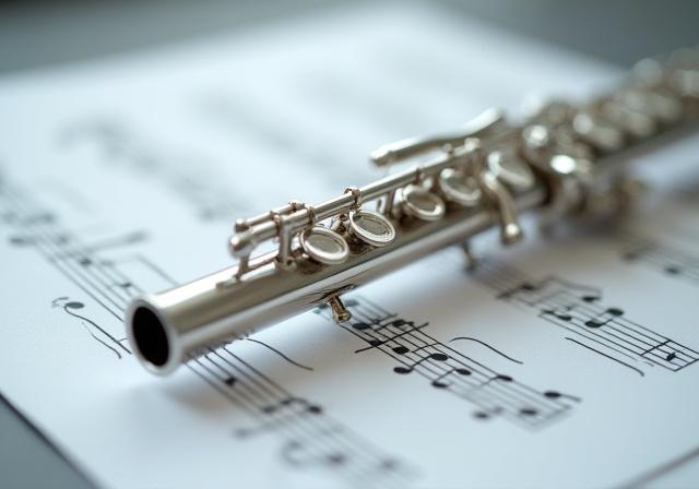 Un flauto traverso in argento lucidato appoggiato su uno spartito musicale.