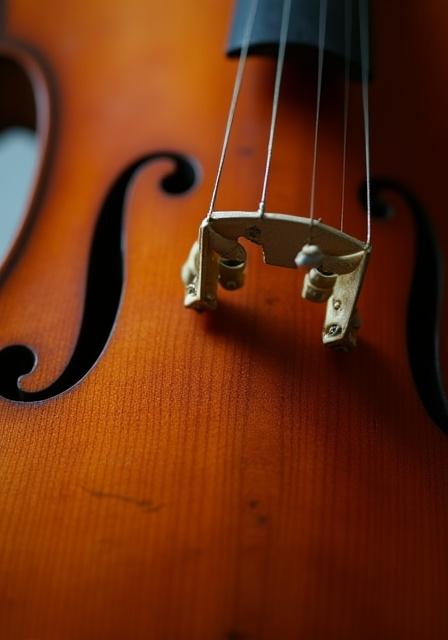 Dettaglio di un violoncello antico con una vernice calda e screpolata.