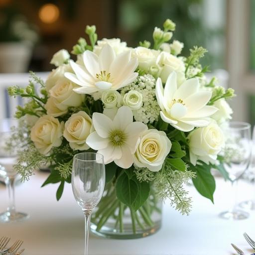 Un tavolo da matrimonio elegantemente decorato con un centrotavola di fiori bianchi e verdi.