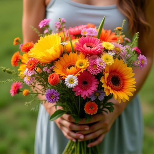 Un bouquet colorato di fiori di campo tenuto in mano da una persona.