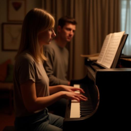 Un insegnante di musica che mostra a un allievo come suonare il pianoforte.