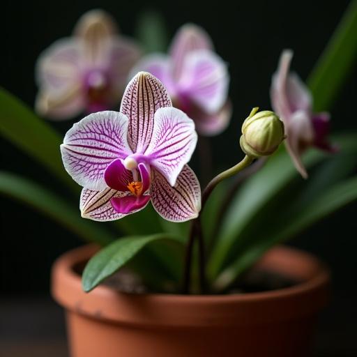 Un primo piano di un'orchidea rara e screziata in un vaso di terracotta.