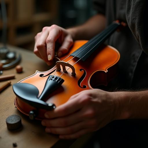 Le mani esperte di un liutaio che lavora sul corpo di un violino.